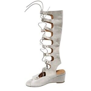 Women’s Knee-High Gladiator Sandals, Soft Suede Leather, Lace-Up Beige  Size 37